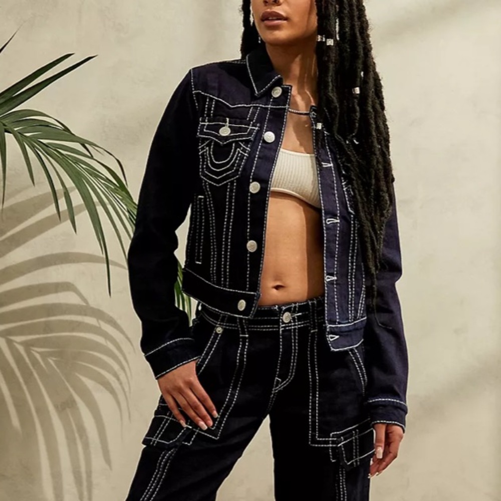True Religion Shrunken Jimmy Denim Jacket Dark Blue NWT Size XS Jean Cropped